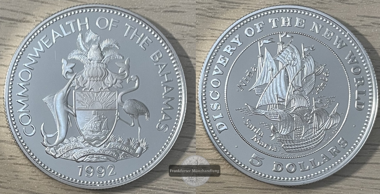  Bahamas  5 Dollar  1992  Discovery of the New World FM-Frankfurt/M  Feingewicht: 17,98g Silber  PP   