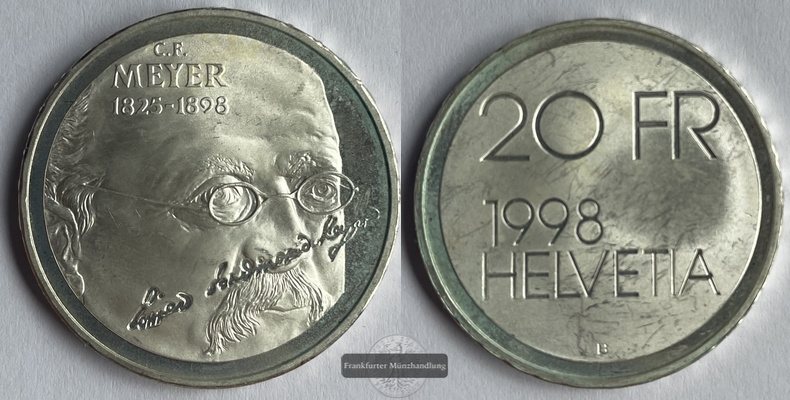  Schweiz 20 Franken 1998 100.Todestag von Conrad Ferdinand Meyer km#84 FM-Frankfurt Feinsilber: 16,7g   