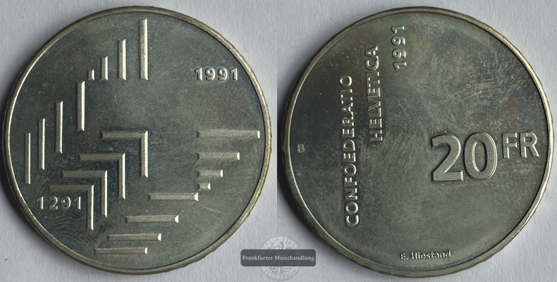  Schweiz 20 Franken 1991 Swiss Confederation km#70 FM-Frankfurt Feinsilber: 16,7g   