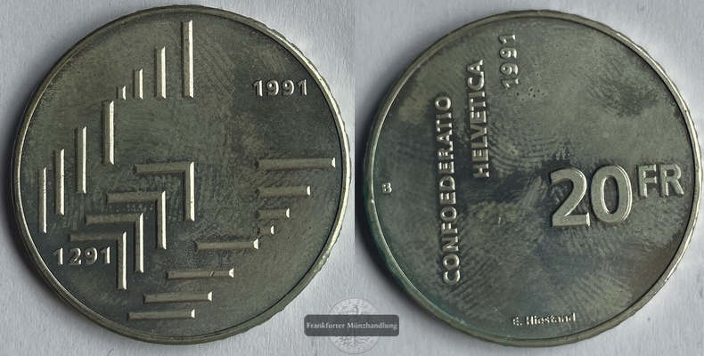  Schweiz 20 Franken 1991 Swiss Confederation km#70 FM-Frankfurt Feinsilber: 16,7g   