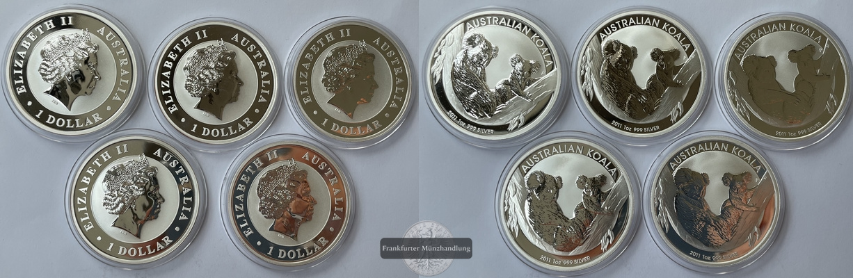  Australien  LOT 5x 1 Dollar 2011 Koala  FM-Frankfurt  Feinsilber: 5x 31,1g KM#1689   