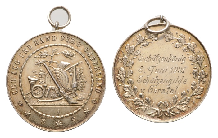  Geratal - Schützenmedaille 1921, tragbare Medaille versilbert; 26,25 g; Ø 39 mm   