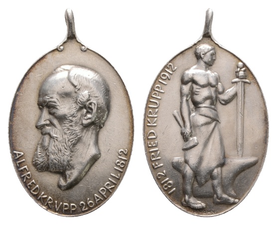  Alfred Krupp - Fried Krupp; tragbare, versilberte Medaille 1912; 34,17 g; 62 x 37,5 mm   