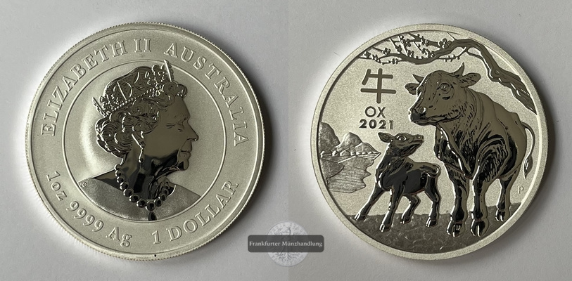  Australien 1 Dollar 2021 Jahr des Ochsen FM-Frankfurt Feinsilber: 31,06g   