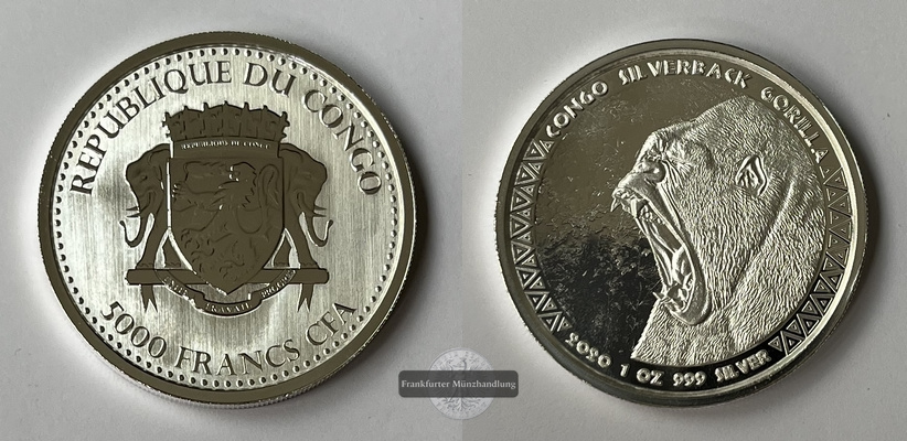  Kongo 5000 Francs 2020 Silberrücken Gorilla  KM#269   FM-Frankfurt  Feinsilber: 31,06g   