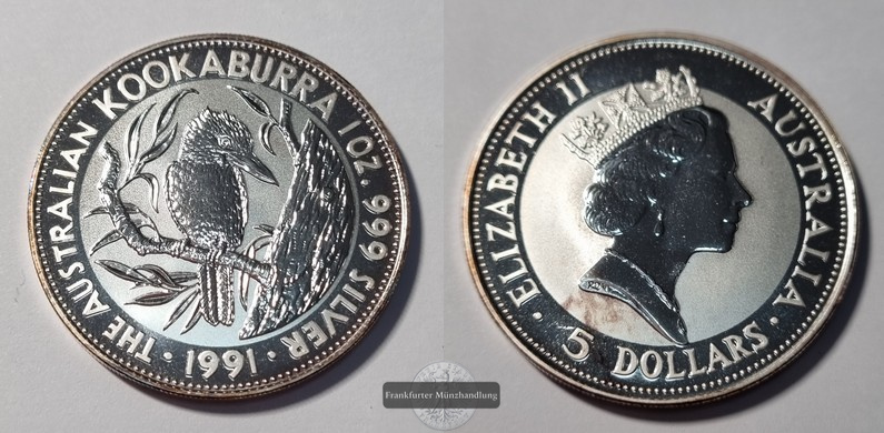  Australien 5 Dollar 1991  Kookaburra  FM-Frankfurt  Feinsilber: 31,1g   