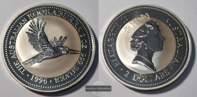  Australien 2 Dollar 1996 Kookaburra FM-Frankfurt  Feinsilber: 62,2g   