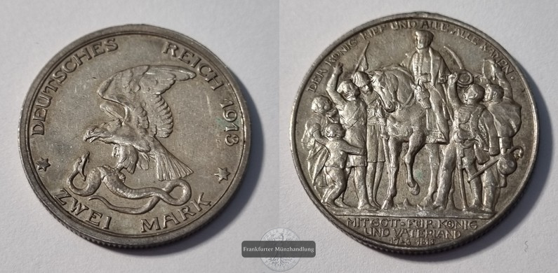  Deutsches Kaiserreich, Preussen.  2 Mark 1913 Befreiungskriege  FM-Frankfurt  Feinsilber:10g   