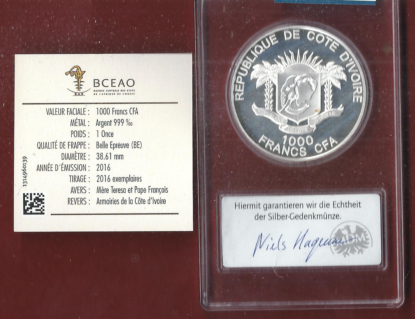 Welt Silberunzen 1000 F. Elfenbeinküste 2016 Proof Münzenankauf Koblenz Frank Maurer AI626   
