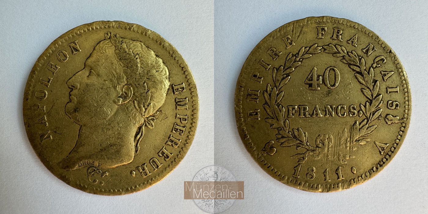 Frankreich, Napolèon I. 1803-1815 KM#696 Feingewicht: 11,62g 40 Francs 1811 A MM-Frankfurt