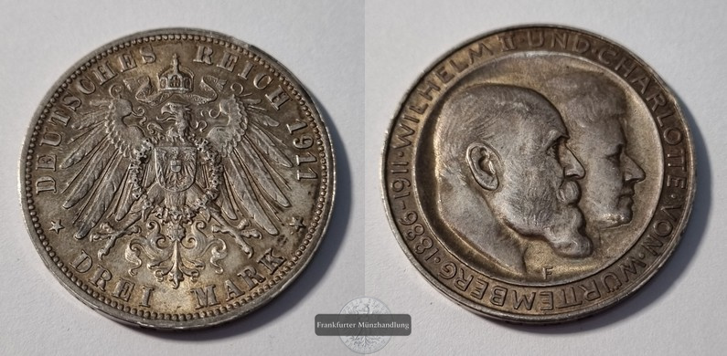  Dt. Kaiserreich. Württemberg, Wilhelm II. 3 Mark 1911 F Silb. Hochzeit FM-Frankfurt  Feinsilber: 15g   