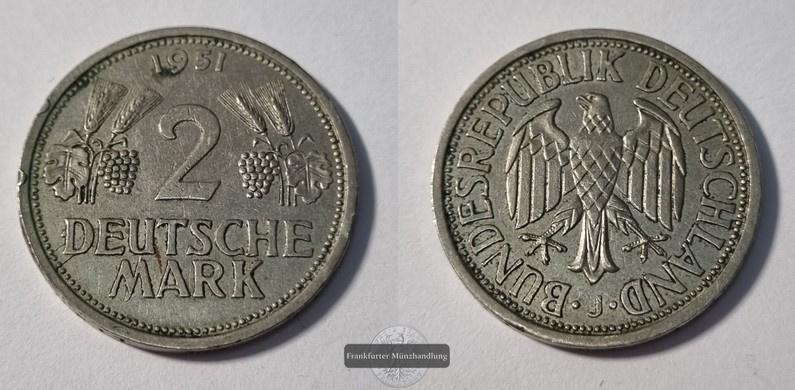  BRD  2 DM 1951 - Prägestätte F   FM-Frankfurt  Kupfer/Nickel   