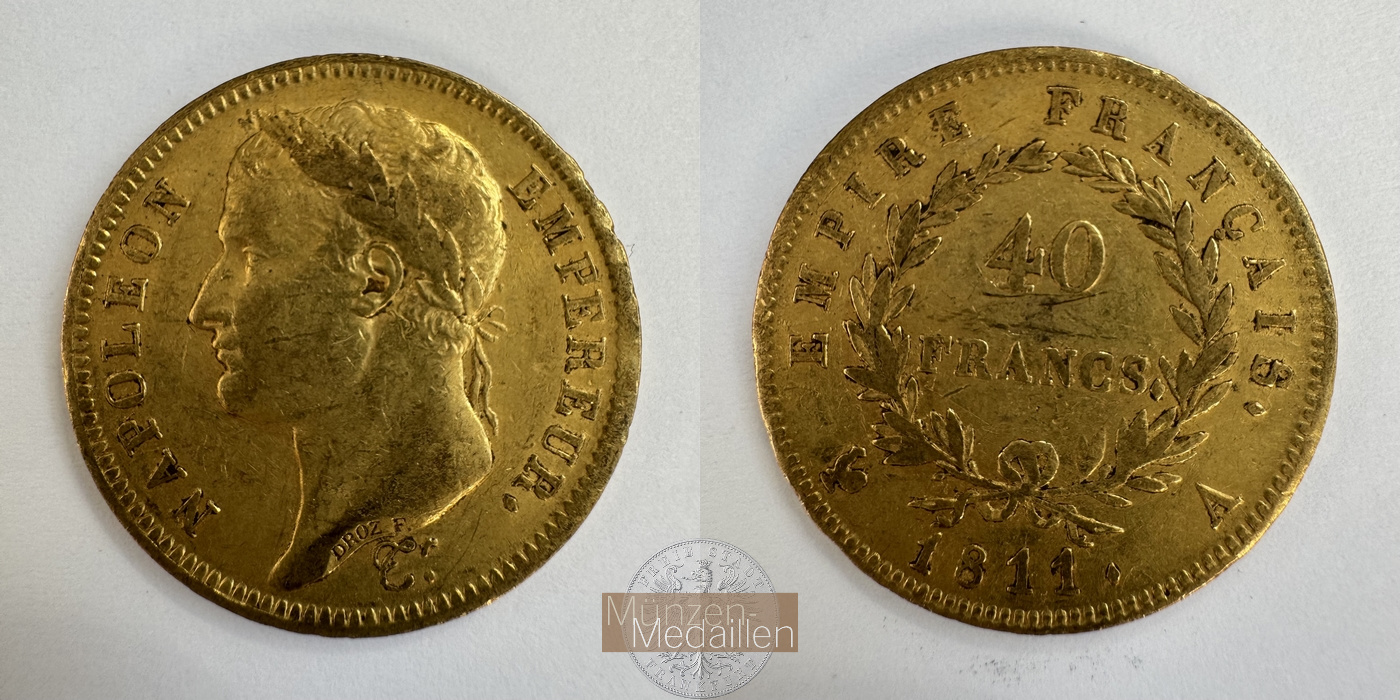 Frankreich, Napolèon I. 1803-1815 KM#696 Feingewicht: 11,62g 40 Francs 1811 A MM-Frankfurt