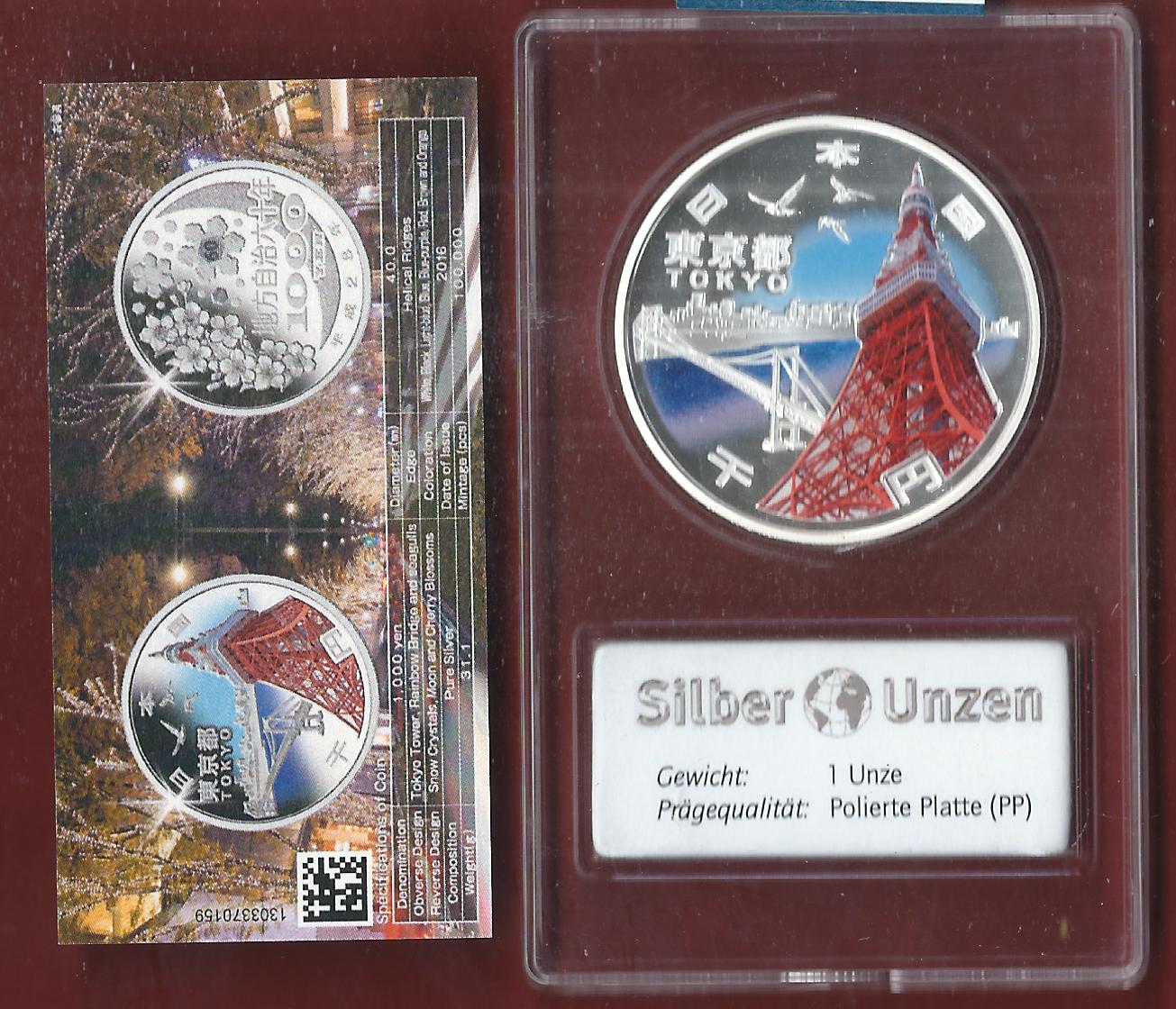  Welt Silberunzen 1000 Yen Japan 2016 Proof Münzenankauf Koblenz Frank Maurer AI631   