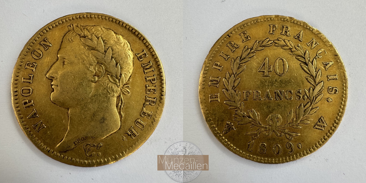 Frankreich, Napolèon I. 1803-1815 KM#696 Feingewicht: 11,62g 40 Francs 1809 W MM-Frankfurt