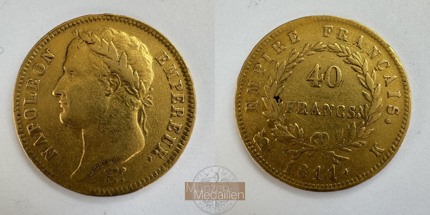 Frankreich, Napolèon I. 1803-1815 KM#696 Feingewicht: 11,62g 40 Francs 1811 K MM-Frankfurt