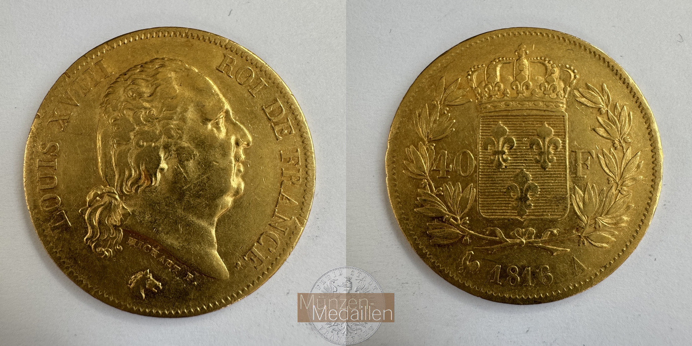 Frankreich, Louis XVIII. 1814-1824. MM-Frankfurt KM#713 Feingold: 11,61g 40 Francs 1816 A 