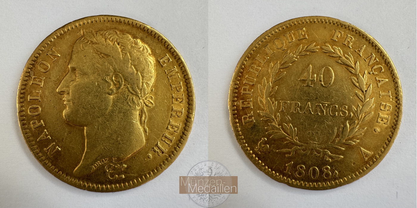 Frankreich, Napolèon I. 1803-1815 KM#688 Feingewicht: 11,62g 40 Francs 1808 A MM-Frankfurt