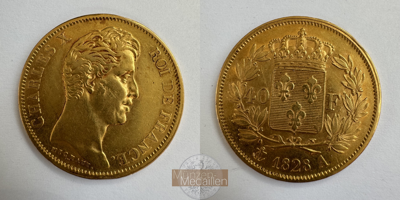  Frankreich, Charles X., 1824-1830.  40 Francs 1828 A   MM-Frankfurt KM#721 Feingold: 11,62g   