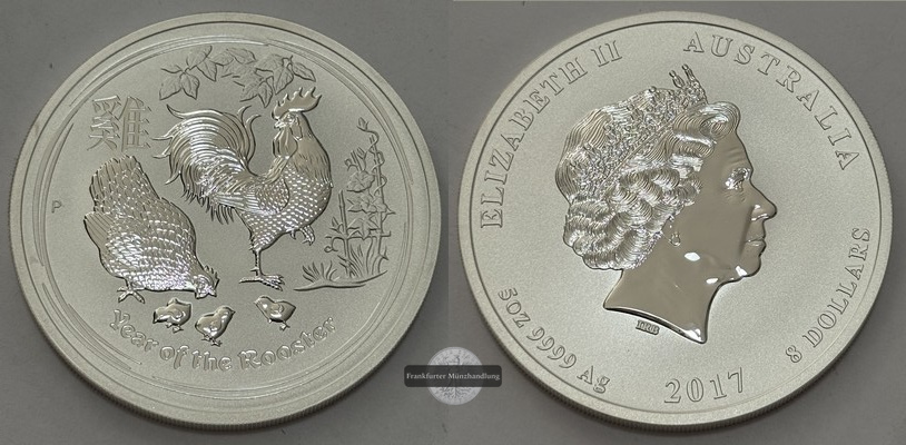  Australien - 8 Dollar  2017 Jahr des Hahns  FM-Frankfurt  Feinsilber: 155g   