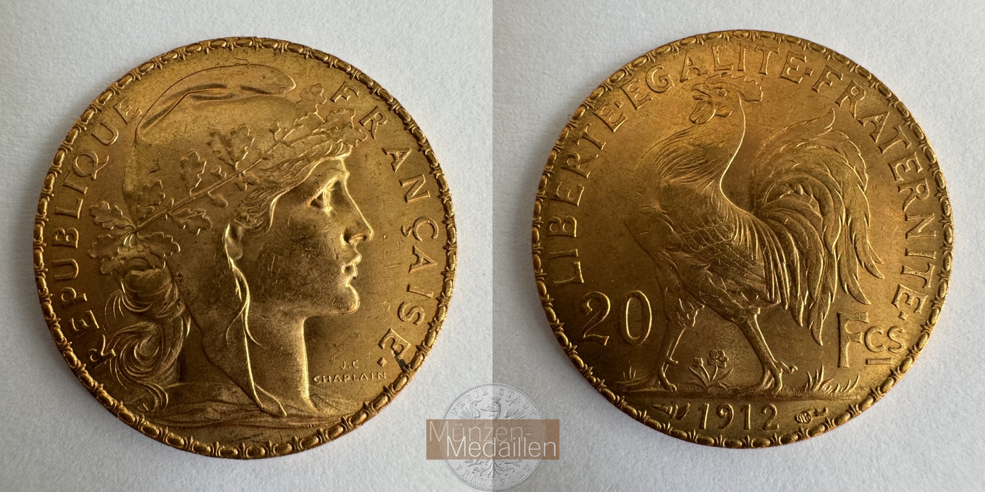  Republik Frankreich, 20 Francs 1912 (1907-1914) MM-Frankfurt KM#857 Feingold: 5,81g   