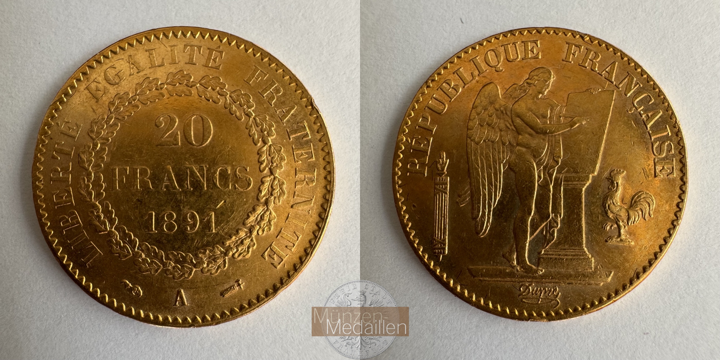  Republik Frankreich, 20 Francs 1891 A (1871-1898) MM-Frankfurt KM#825 Feingold: 5,81g   