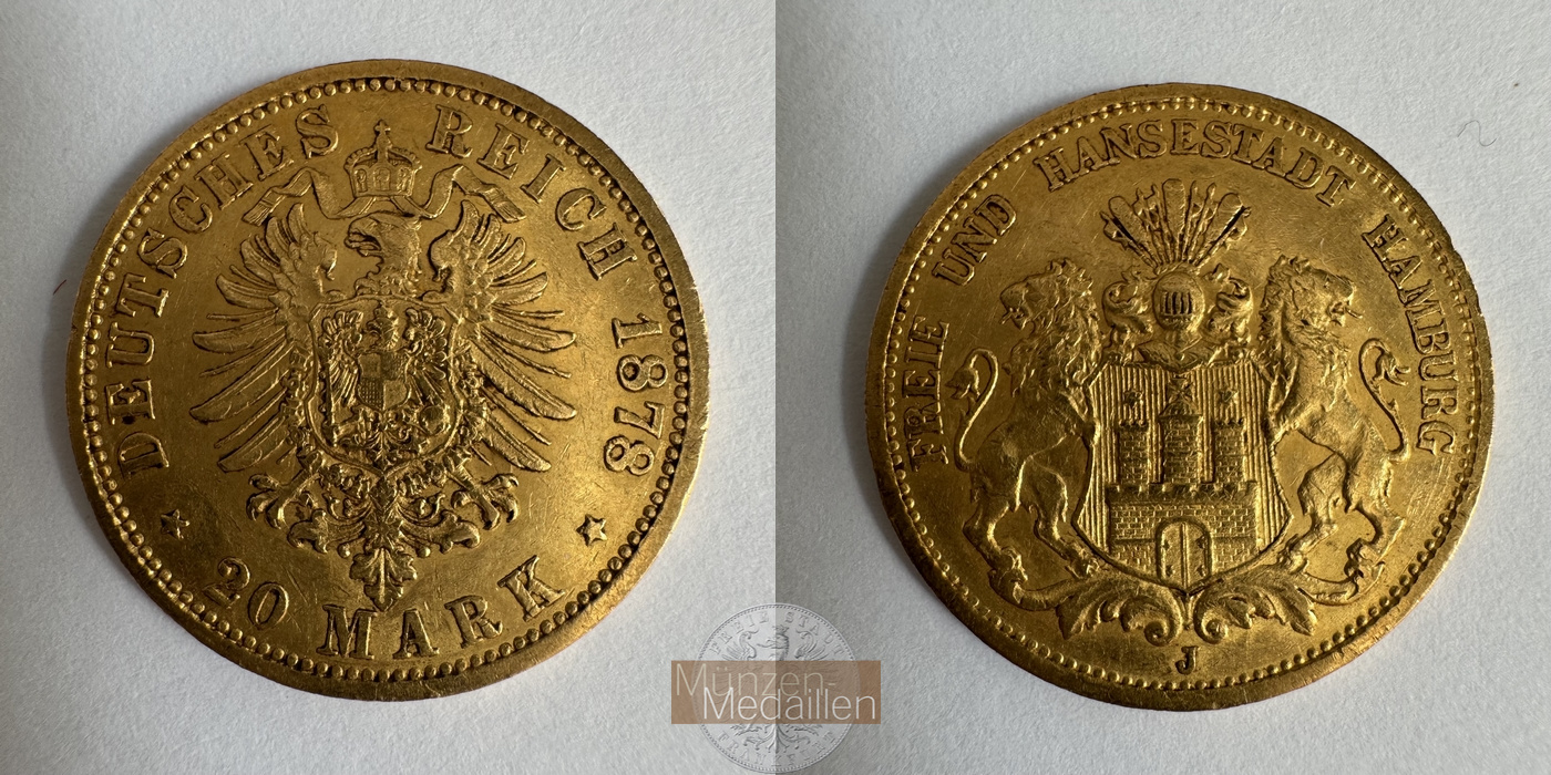 Hamburg, Kaiserreich MM-Frankfurt KM#602 Feingold: 7,17g 20 Mark (1875-1889) 1878 J 