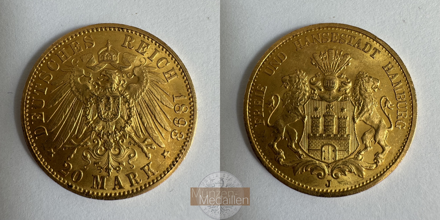 Deutsches Kaiserreich. Hamburg MM-Frankfurt KM#618 Feingold: 7,17g 20 Mark 1893 J (1893-1913)  