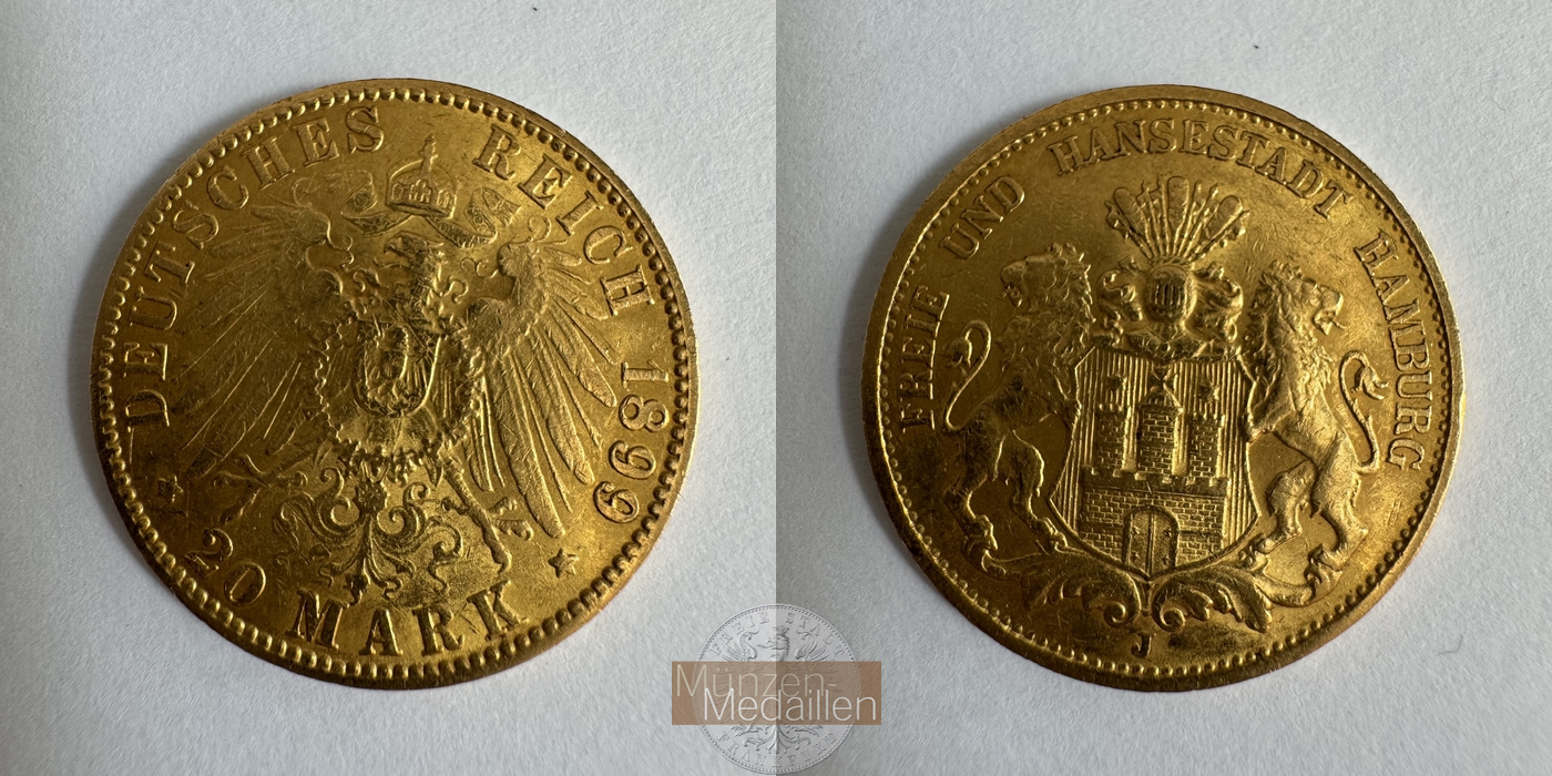 Deutsches Kaiserreich. Hamburg MM-Frankfurt KM#618 Feingold: 7,17g 20 Mark 1899 J (1893-1913)  