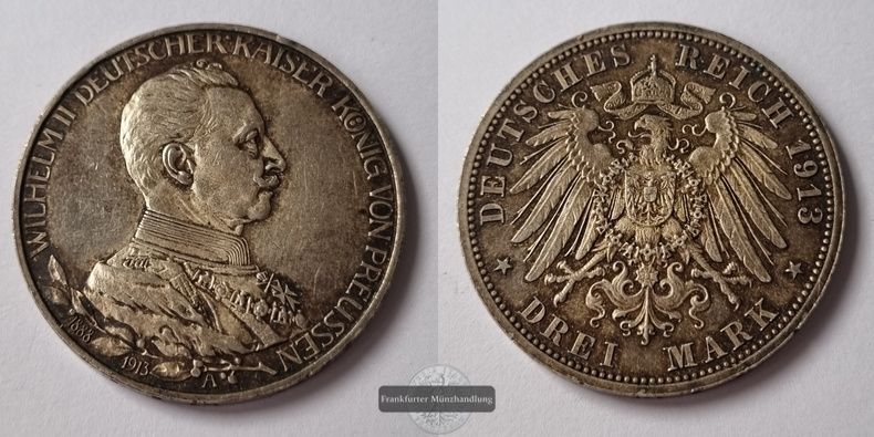  Dt. Kaiserreich. 3 Mark Wilhelm II Preußen 1913 Uniform A FM-Frankfurt KM#535 Feinsilber: 15g   