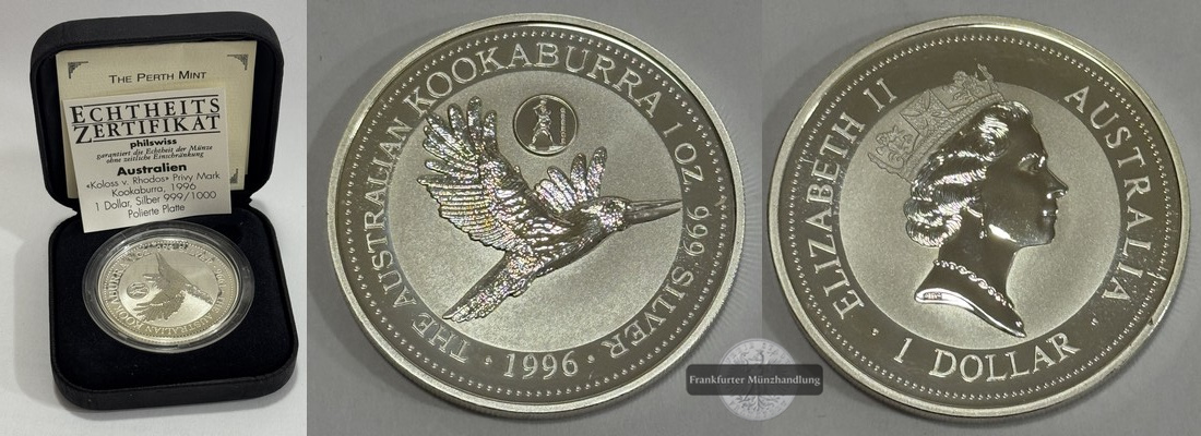  Australien - 1 Dollar 1996 Kookaburra FM-Frankfurt KM#289 Feinsilber: 31,1g   