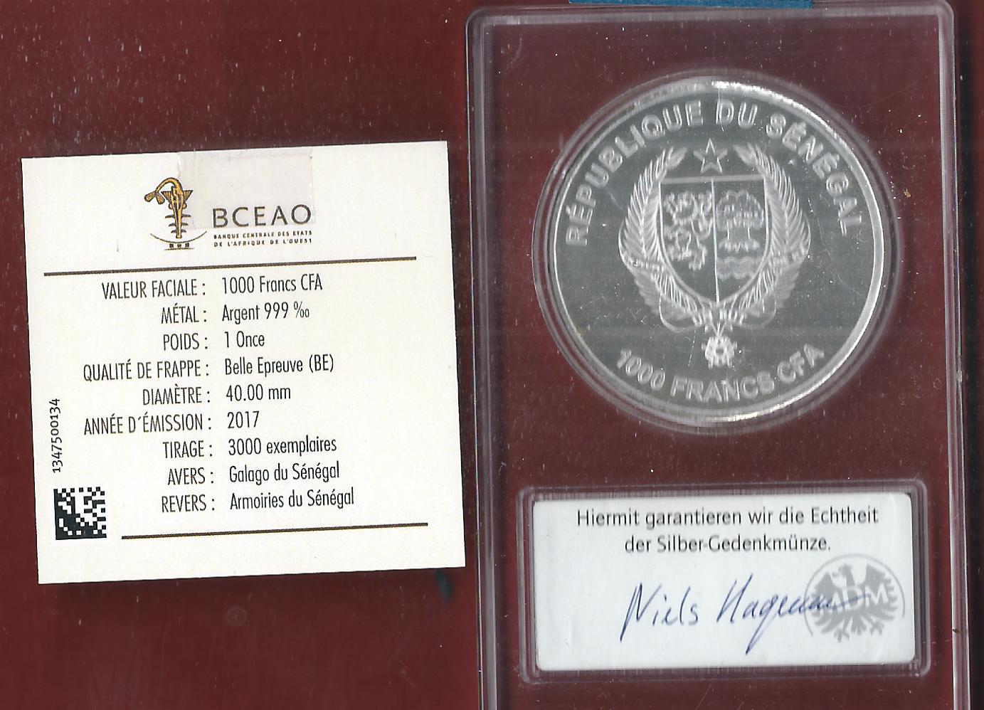  Welt Silberunzen 1000 D.Senegal 2017 Proof Münzenankauf Koblenz Frank Maurer AI655   