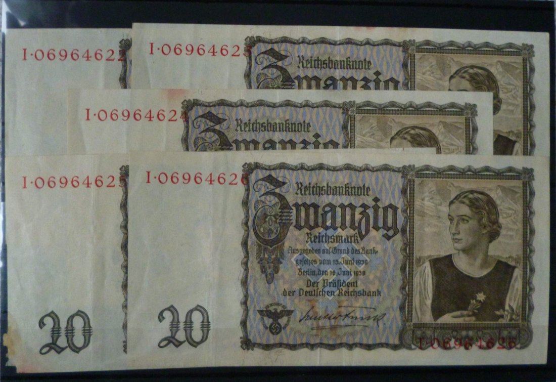 Dt. Reich 5x 20 Reichsmark 1939 -Junge Östreicherin- mit ftl. Seriennummer