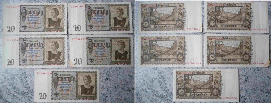  Dt. Reich 5x 20 Reichsmark 1939 -Junge Östreicherin- mit ftl. Seriennummer   