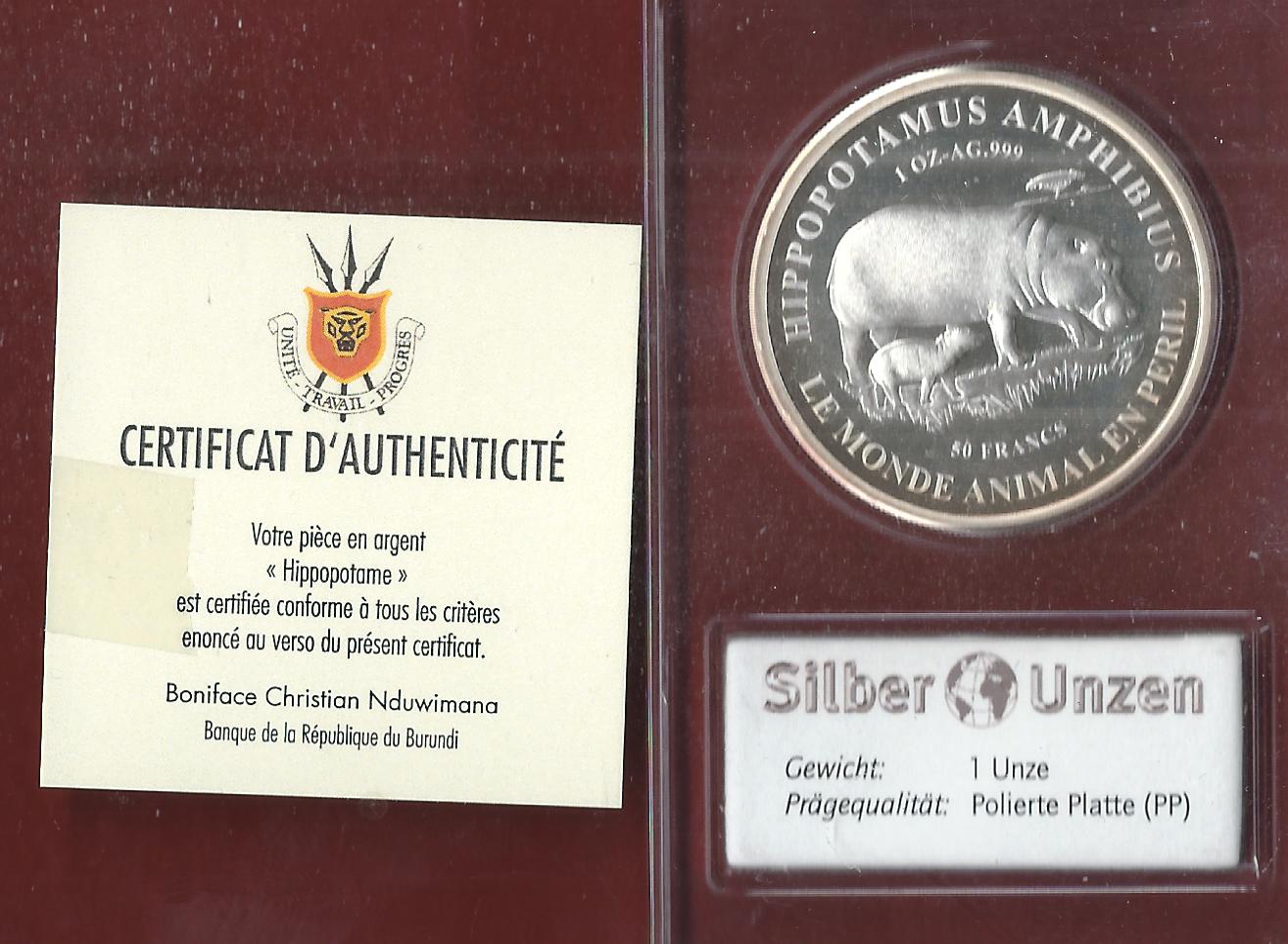  Welt Silberunzen 50 F. Burundi 2018 Proof Münzenankauf Koblenz Frank Maurer AI664   