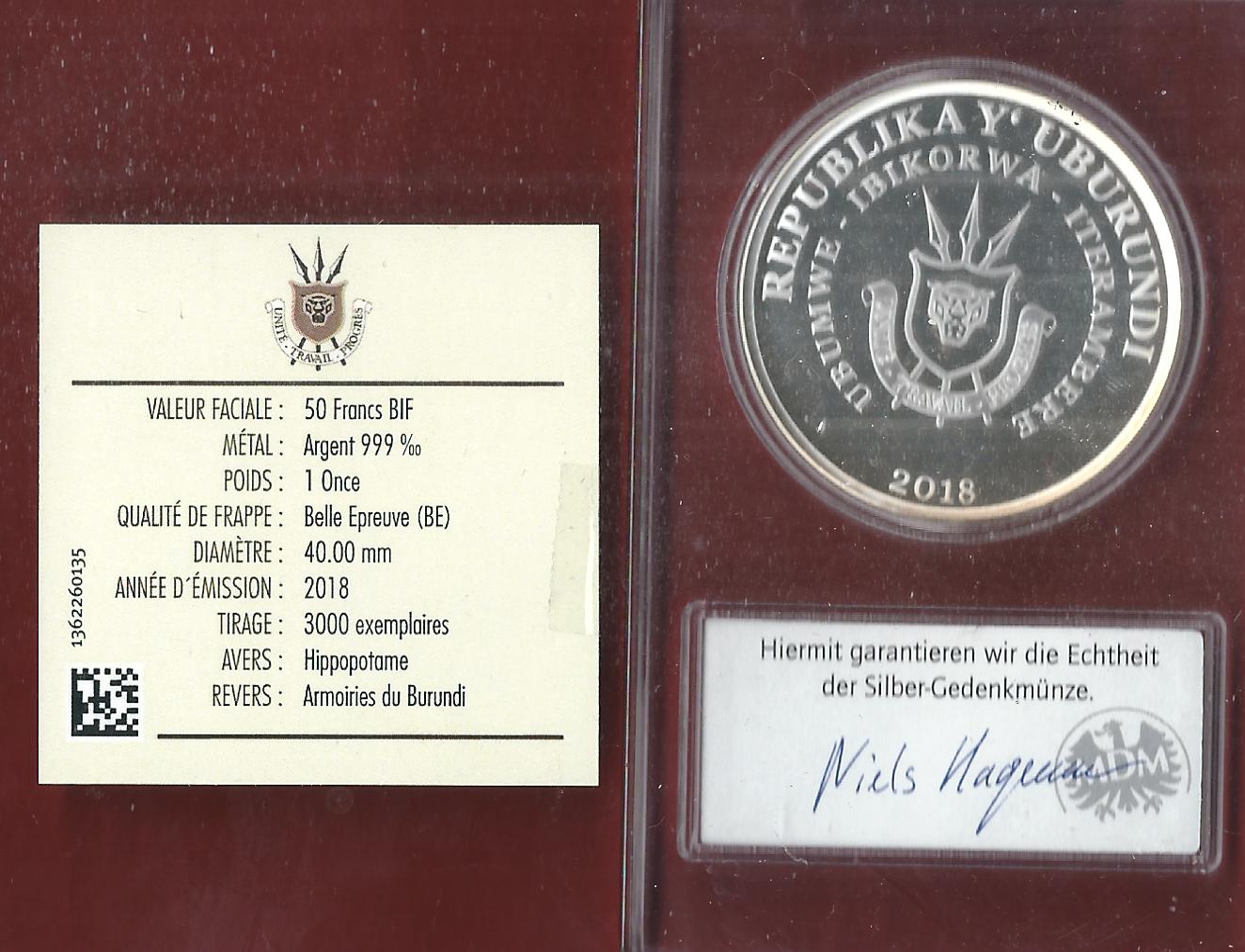  Welt Silberunzen 50 F. Burundi 2018 Proof Münzenankauf Koblenz Frank Maurer AI664   