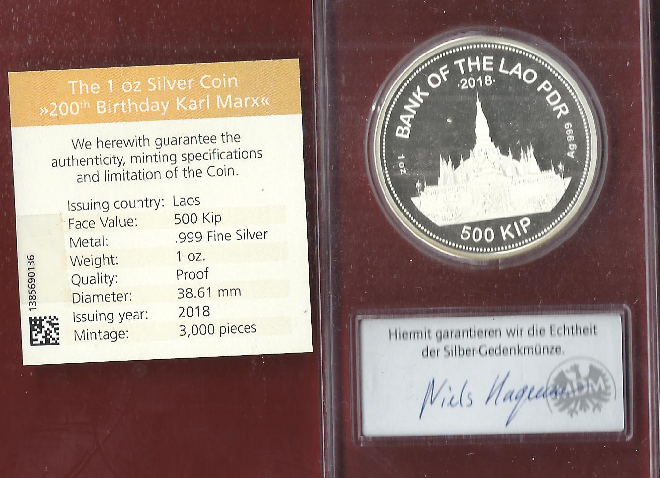  Welt Silberunzen 500 K. Laos 2018 Proof Münzenankauf Koblenz Frank Maurer AI665   