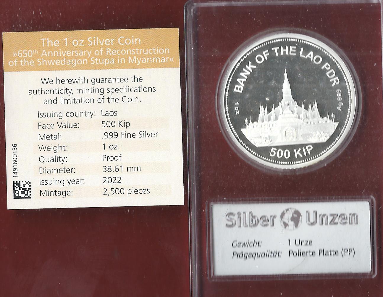  Welt Silberunzen 500 Kip Laos 2022 Proof Münzenankauf Koblenz Frank Maurer AI678   