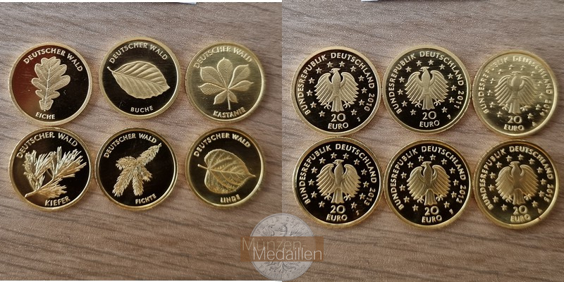 BRD 6 x 20 Euro MM-Frankfurt Feingold: 23,34g Deutscher Wald 2010-2015