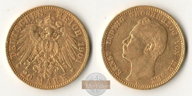 Dt. Kaiserreich Hessen, MM-Frankfurt Feingold: 7,17g Großherzog Ernst Ludwig 20 Mark 1901 A 
