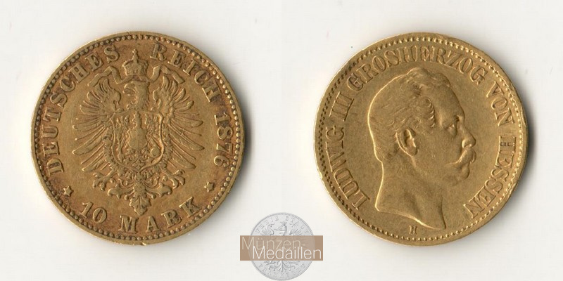 Dt. Kaiserreich. Hessen, Ludwig III. MM-Frankfurt KM#354 Feingold: 3,58g 10 Mark 1876 H 
