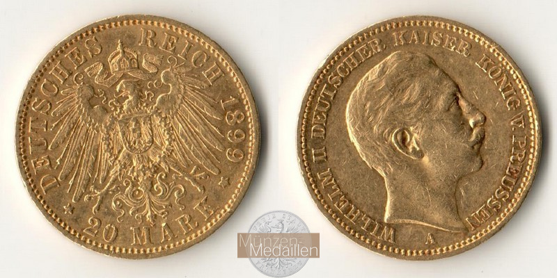 Dt. Kaiserreich Preussen, Wilhelm II. MM-Frankfurt Feingold: 7,17g 20 Mark 1899 A 