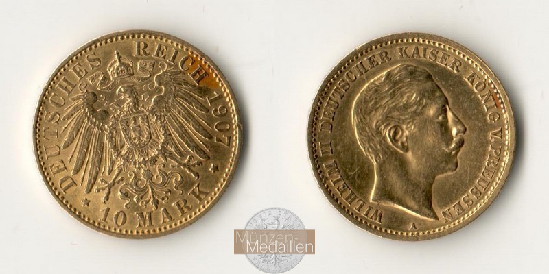 Preussen, Königreich MM-Frankfurt Feingewicht: 3,58g Gold 10 Mark 1907 A 