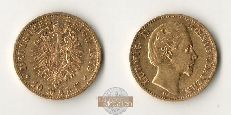 Bayern, Kaiserreich  10 Mark MM-Frankfurt KM#898 Feingold: 3,58g Ludwig II 1878 D 