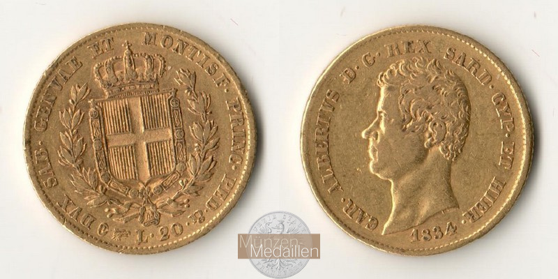 Italien-Sardinien   20 Lire  1834 MM-Frankfurt Feingold: 5,81g Carlo Alberto  