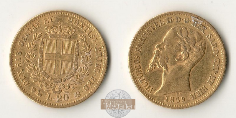 Sardinien, Vittorio Em. II. 1849-1861. MM-Frankfurt Feingold: 5,81g 20 Lire 1859 