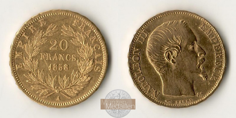 Frankreich MM-Frankfurt  Feingold: 5,81g 20 Francs 1858 A 