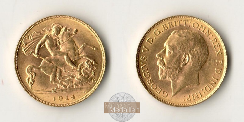 Grossbritannien, Georg V. (1910-1936) MM-Frankfurt Feingold: 3,66g 1/2 Sovereign 1914 