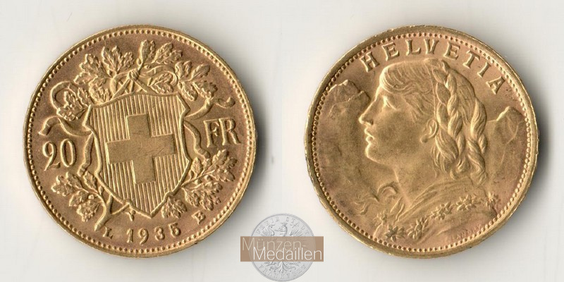 Schweiz MM-Frankfurt Feingold: 5,81g 20sFR (Vreneli) 1935 B 