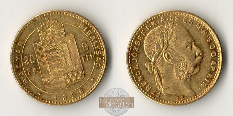 Österreich, Kaiserreich MM-Frankfurt Feingold: 5,81g 8 Florin - 20 Franken 1888 